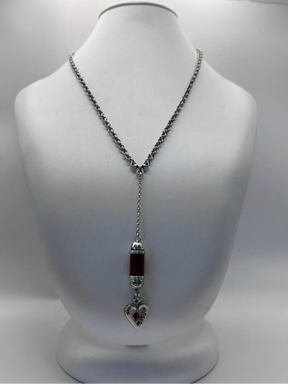 Brighton Vintage Retired Heart Song Hope Y Necklace Red Leather Crystal Silver